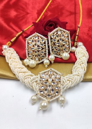 White Beads And Kundan Studded Necklace Set