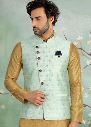 Designer Light Blue Readymade Nehru Jacket In Jacquard