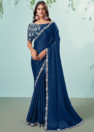 Blue Crape Saree In Heavy Blouse