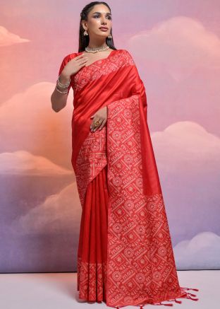 Red Woven Detailed Art Silk Saree
