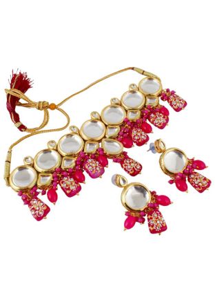 Pink Studded Kundan Choker Necklace Set