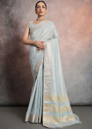 Powder Blue Tissue Saree In Woven Work