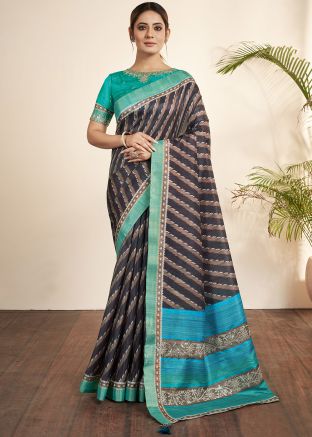 Blue Printed Saree In Art Silk