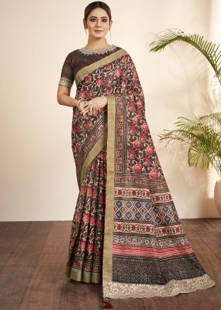 Brown Printed Saree In Art Silk