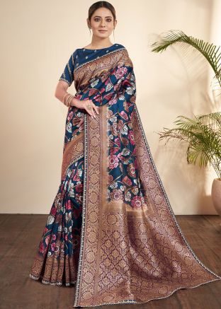 Blue Printed Saree In Tussar Silk