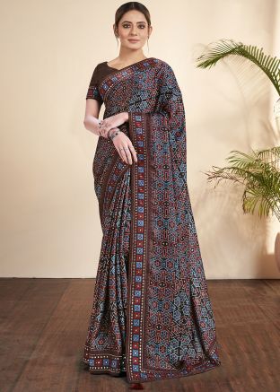 Brown Printed Saree In Art Silk