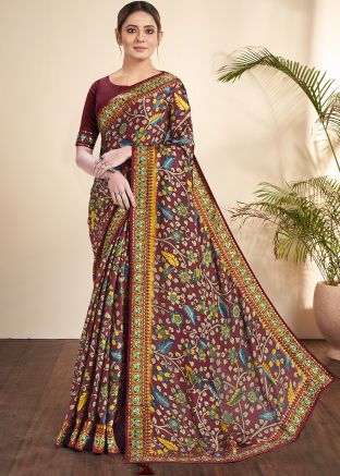 Maroon Printed Saree In Art Silk