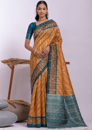Yellow Printed Tussar Silk Saree & Blouse