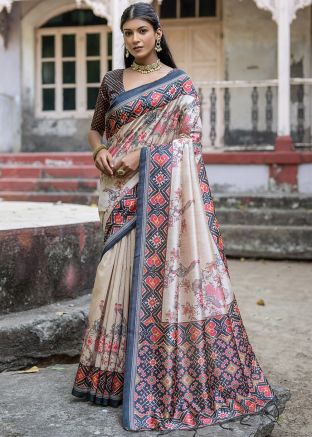 Cream & Black Floral Printed Tussar Silk Saree