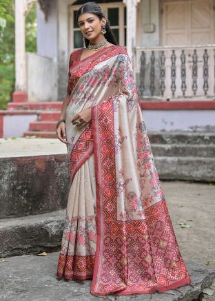 Cream & Red Floral Printed Tussar Silk Saree
