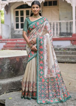 Cream & Green Floral Printed Tussar Silk Saree