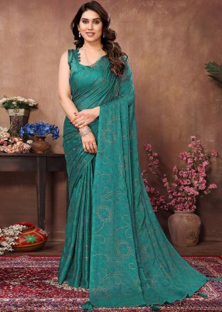 Teal Blue Stone Embellished Saree In Satin Silk