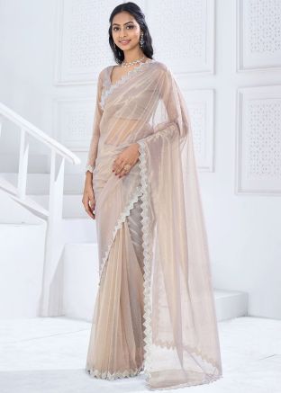 Beige Stone Embellished Organza Saree