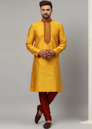 Yellow Embroidered Readymade Men Kurta Pyjama