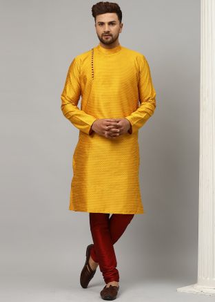 Readymade Mens Yellow Kurta Pajama In Angrakha Style