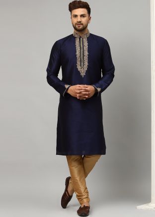 Readymade Mens Churidar With Heavy Yoke Blue Kurta