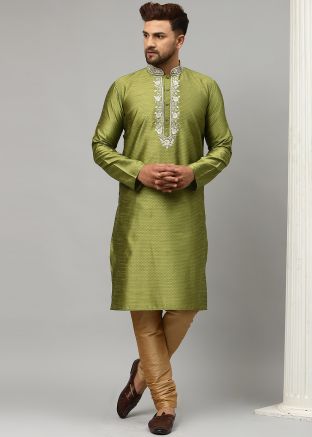 Green Embroidered Readymade Kurta Pajama For Men