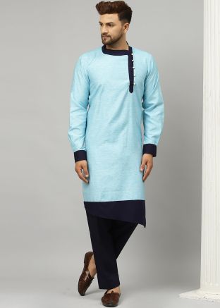 Blue Asymmetric Readymade Kurta Pajama For Men