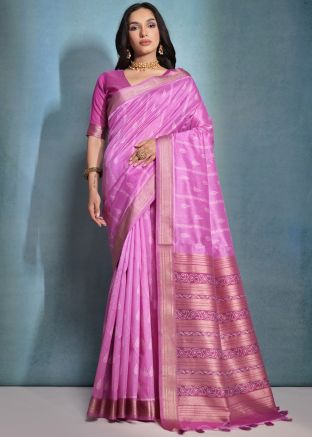 Pink Woven Saree & Blouse In Art Silk