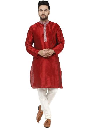 Red Straight Cut Readymade Kurta Churidar Set