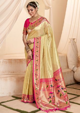Cream Tissue Silk Saree In Zari Woven Work