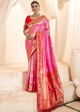 Pink Zari Woven Tissue Silk Saree & Blouse