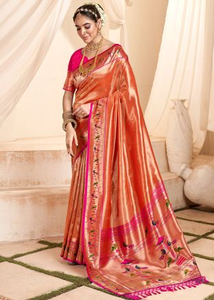 Orange Zari Woven Work Saree In Tissue Silk