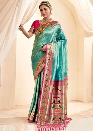 Turquoise Tissue Silk Saree In Zari Woven Work