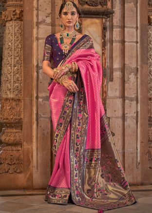 Pink Zari Woven Saree In Silk