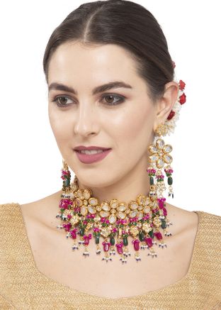 Multicolor Kundan Work Choker Necklace Set