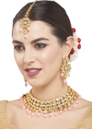 Pink Necklace Set In Stone Work