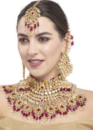 Pink & Golden Studded Kundan Bridal Necklace Set