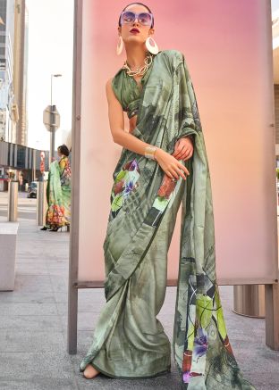 Sage Green Digital Printed Satin Silk Saree 