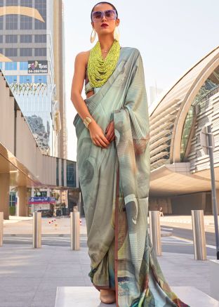 Grey Digital Printed Saree In Satin Silk