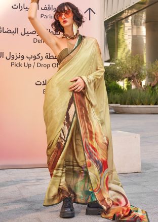 Green Satin Silk Saree In Digital Print