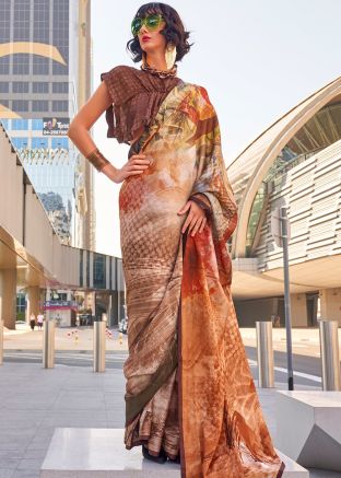 Brown Printed Satin Silk Saree & Blouse