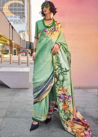 Satin Silk Printed Saree In Seafoam Green 