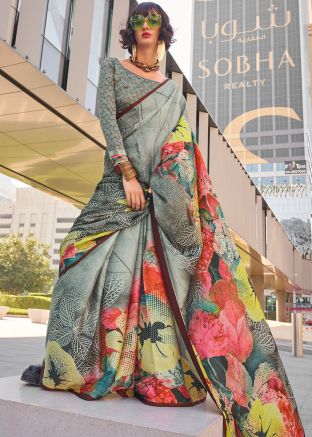 Multicolor Digital Printed Saree In Satin Silk