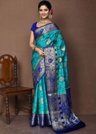 Teal Blue Zari Woven Silk Saree