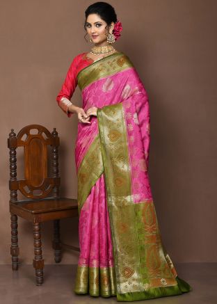 Pink Zari Woven Saree In Silk