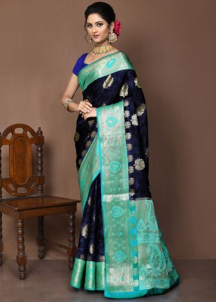 Navy Blue Zari Woven Saree & Blouse