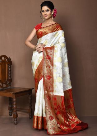 White Zari Woven Saree With Blouse