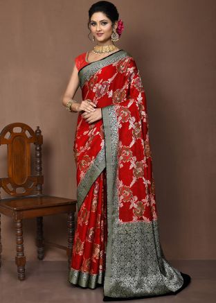 Red Zari Woven Saree With Blouse