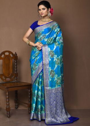 Sky Blue Zari Woven Saree