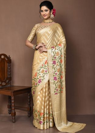 Beige Zari Woven Saree & Blouse