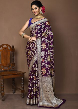 Purple Georgette Saree In Woven Work