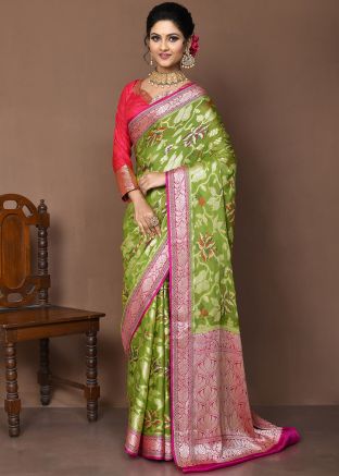 Green Zari Woven Saree With Blouse