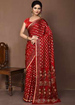 Dark Red Zari Woven Saree