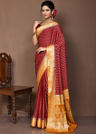 Maroon Zari Woven Saree & Blouse
