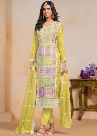 Yellow Embroidered Pant Suit In Organza
